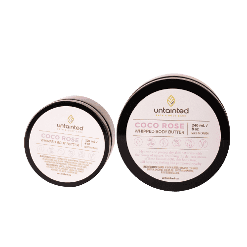 Scented Coco-Rose Whipped Body Butter – Front Side, 4oz & 8oz.